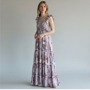 Fria Maxi Dress Size 8 Smocked Top with Flowing Skirt Sleeve less Purple White